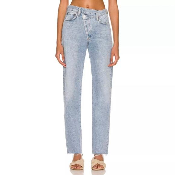 Agolde Criss Cross Jeans Blue Denim Asymmetric Straight Leg High Rise size 26 - Picture 2 of 10